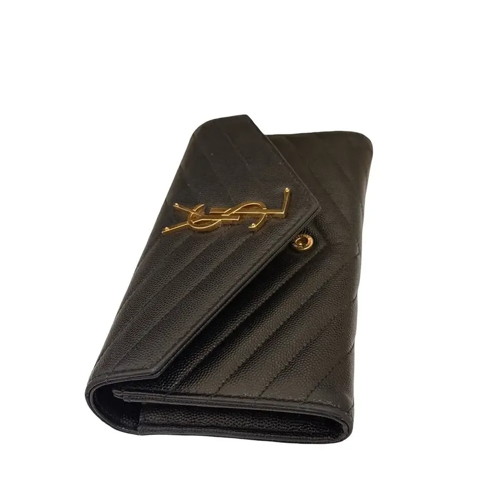 Saint Laurent Black Chevron Leather Wallet with Gold YSL Emblem Crossbody - Picture 9 of 11